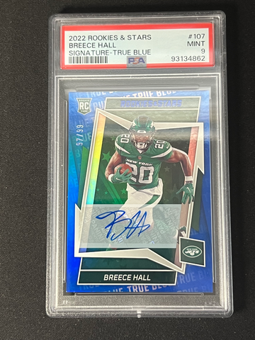 2022 Rookies & Stars Breece Hall /99 Blue Auto #107 PSA 9