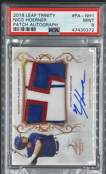 2018 Leaf Trinity Nico Hoerner patch autograph PSA 9