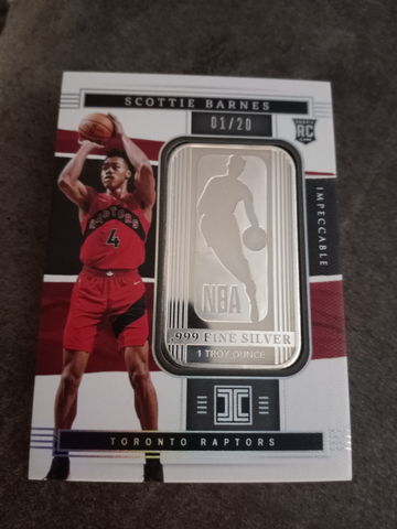 MINT 2021-2022 Impeccable Scottie Barnes 1 Troy Ounce Silver Draft Logo 1/20 RC Toronto Raptors Rookie