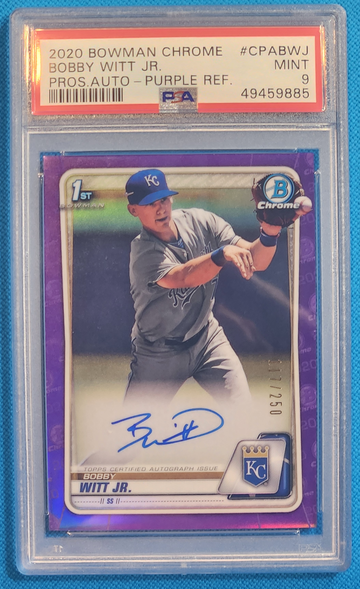 Bobby Witt Jr 2020 1st bowman chrome auto purple 117/250 psa 9