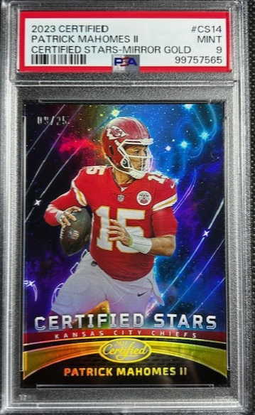 Patrick Mahomes 2023 Panini Certified Stars Mirror Gold SP /25 PSA 9 MINT Chiefs