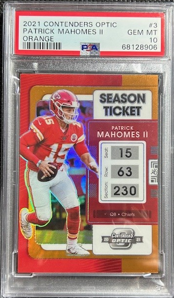 2021 OPTIC CONTENDERS ORANGE SEASON TICKET PATRICK MAHOMES# /50 PSA 10 GEM MINT