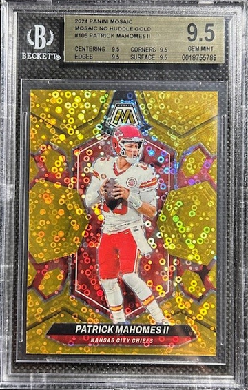 Patrick Mahomes /10 2024 Mosaic Gold Disco Prizim No Huddle SSP BGS 9.5 True Gem