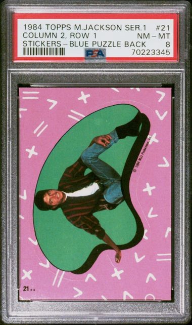 1984 TOPPS MICHAEL JACKSON STICKER COLUMN 2 ROW 1 BLUE PUZZLE BACK #21 PSA 8