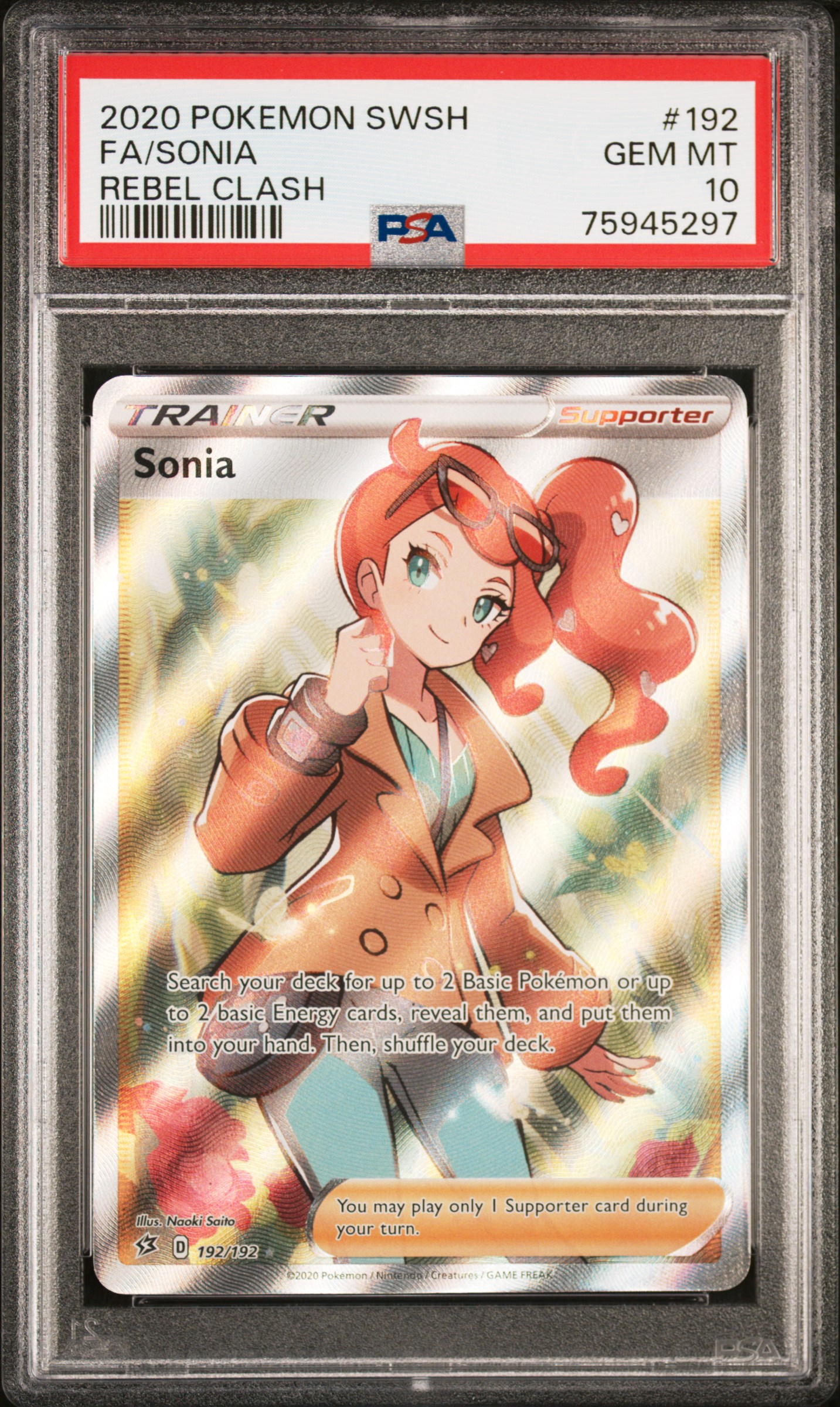 2020 Pokemon Rebel Clash Sonia Full Art 192/192 PSA 10 Trainer