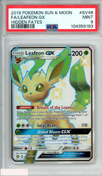 2019 POKEMON SUN AND MOON HIDDEN FATES FA LEAFEON GX #SV46 PSA 9 MINT