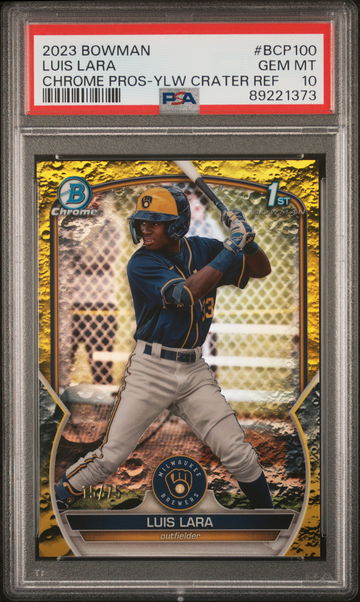 2023 Bowman Chrome Yellow Lunar Crater Refractor Luis Lara /75 PSA 10