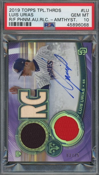 TOPPS TRIPLE THREADS LUIS URIAS PADRES BREWERS ROOKIE TRIPLE RELIC AUTO /75 PSA 10!