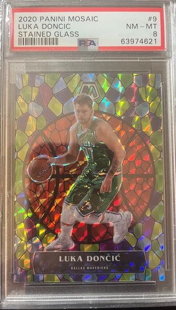 2020-21 Panini Mosaic Luka Doncic Stained Glass #9 Dallas Mavericks PSA 8