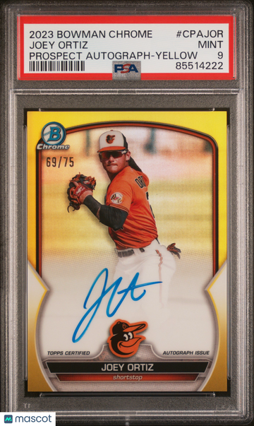 2023 Bowman Chrome Prospect Autographs Joey Ortiz #CPAJOR Yellow Ref /75 PSA 9