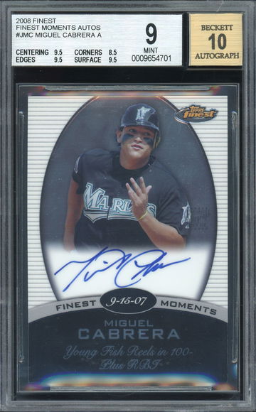 2008 TOPPS FINEST MIGUEL CABRERA MARLINS TIGERS FINEST MOMENTS ON-CARD AUTO BECKETT MINT 9 AUTO 10! HOF!