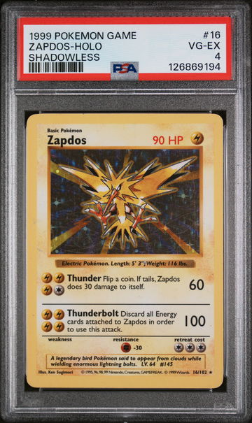 1999 Pokemon Base Set Shadowless Holo Zapdos #16 PSA 4