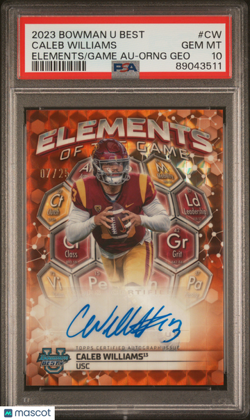 2023 Bowman University Best Elements Of The Game Autographs Caleb Williams #CW Orng Geo /25 PSA 10
