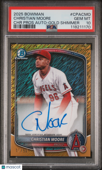 2025 Bowman Chrome Prospect Autographs Christian Moore #CPACMO Gold Shimmer /50 PSA 10