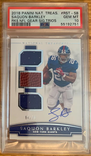 2018 Panini National Treasures Saquon Barkley Rookie NFL Gear Trios Patch Auto PSA 10