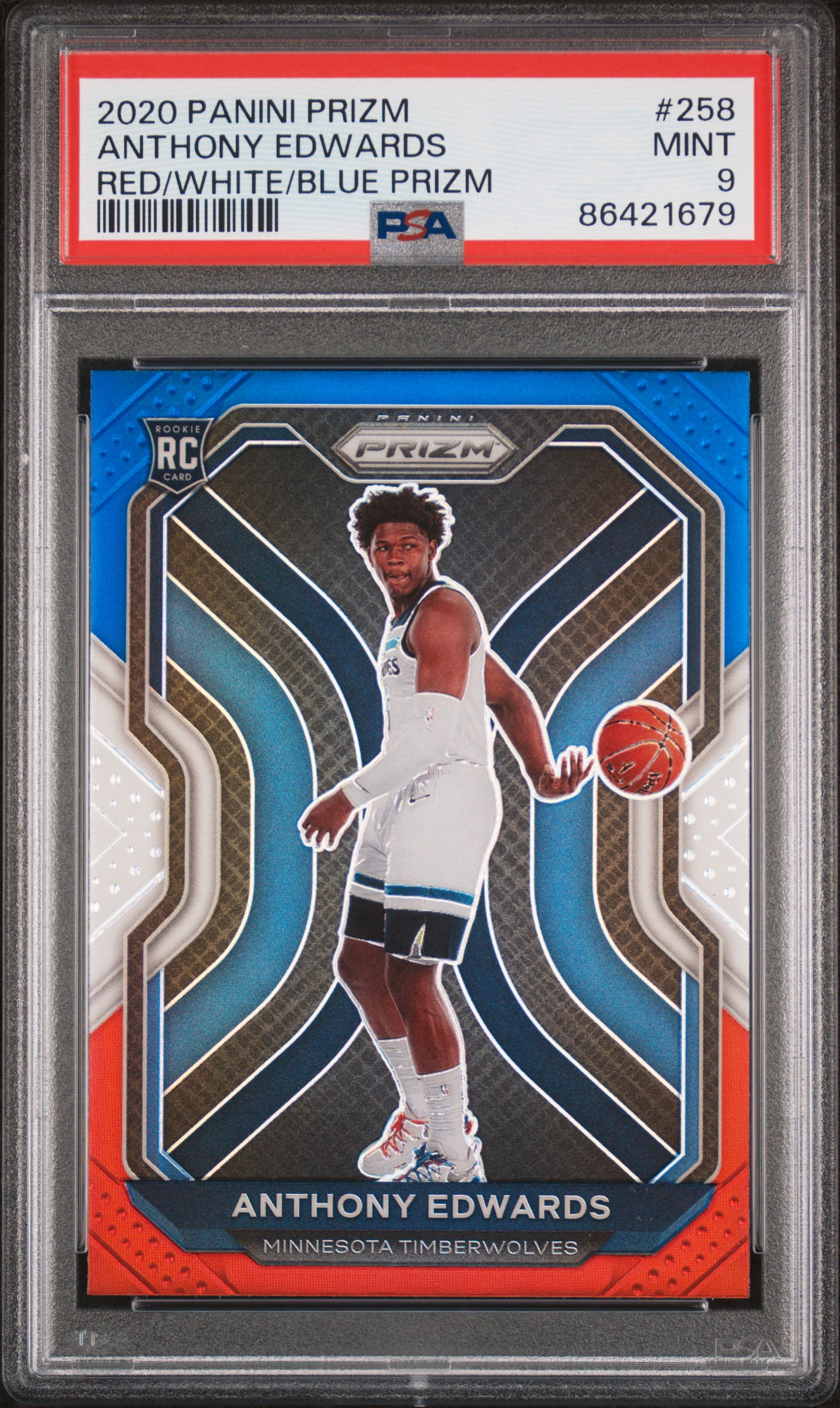 PSA 9 2020 Panini Prizm Anthony Edwards Red White Blue Prizm Rookie #258