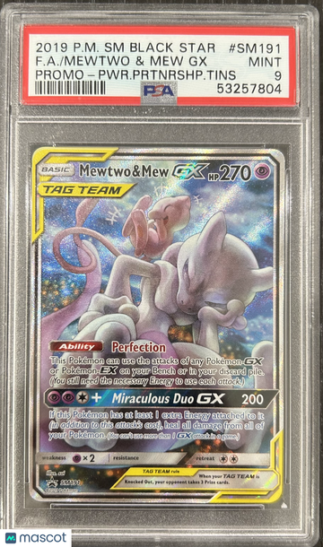 2019 Pokemon SM Black Star Promo Mewtwo & Mew GX Fa Promo-PWR.Prtnrshp.Tins PSA 9 #SM191