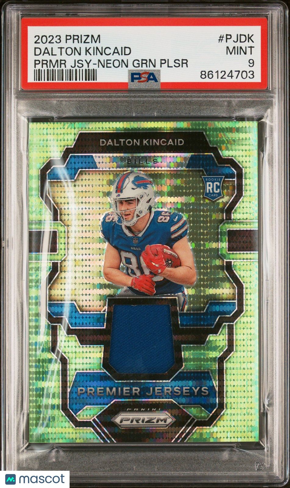 Dalton Kincaid 2023 Panini Prizm Premier Jerseys Neon Green Pulsar RC PSA9 MINT