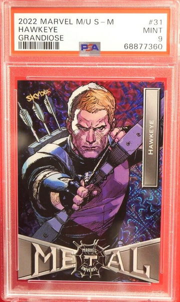 Marvel Metal Universe Spider-Man HAWKEYE Grandiose 2022 Skybox #31 PSA 9