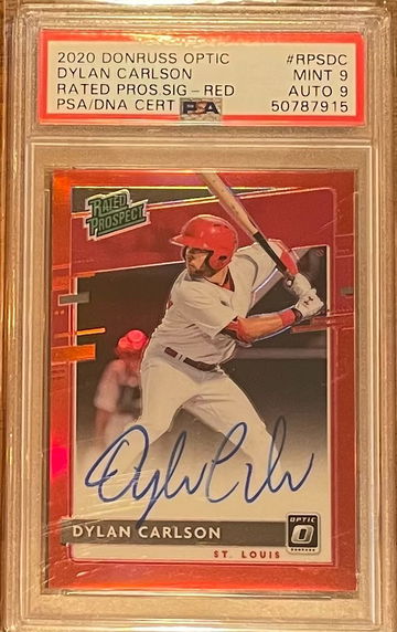 2020 Donruss Optic Rated Prospect Dylan Carlson Red Autograph /50 PSA 9 AUTO 9 #RPSDC Cardinals 