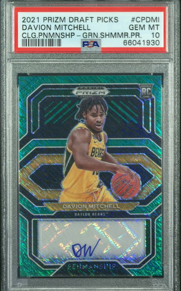 2021 Panini Prizm Draft Davion Mitchell Green Shimmer Auto 2/5 PSA 10 Gem Mint
