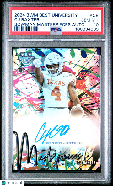 2024 Bowman Best University Bowman Masterpieces Autographs CJ Baxter #CB /100 PSA 10