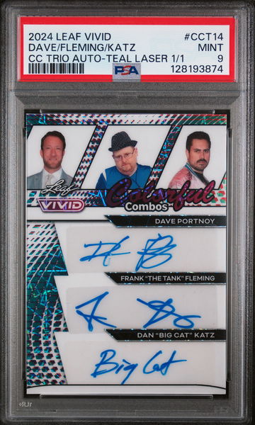 2024 Leaf Vivid Colorful Combos Trio Autographs Teal Laser 1/1 Dan Katz/Dave Portnoy/Frank "The Tank" Fleming #CCT14 PSA 9