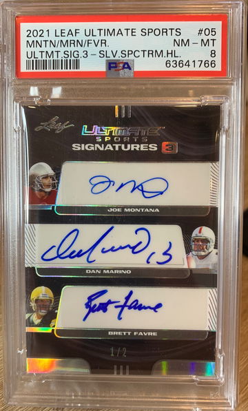 2021 Leaf Ultimate Sports Joe Montana Dan Marino Brett Favre Ultimate Signatures Silver Spectrum #/2 SSP PSA 8  