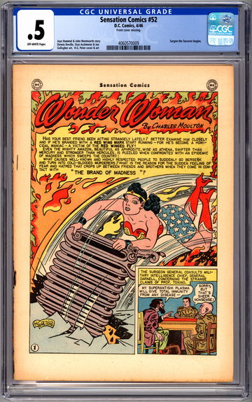 SENSATION COMICS #52 CGC 0.5 WONDER WOMAN STORY HG PETER ART -COVERLESS- 1946