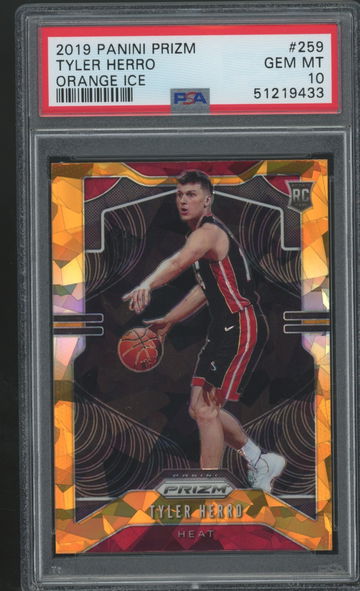 2019-20 Tyler Herro Panini Prizm Gem Mint PSA 10 Orange Ice Rookie RC #259 SP