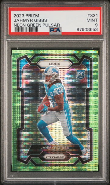 2023 PANINI JAHMYR GIBBS PRIZM NEON GREEN PULSAR #331 PSA 9