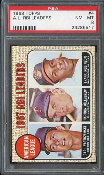 1968 TOPPS #4 CARL YASTRZEMSKI/HARMON KILLEBREW/FRANK ROBINSON A.L. RBI LEADERS PSA 8