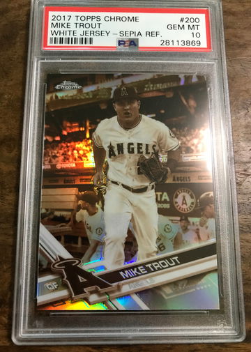 2017 TOPPS CHROME WHITE JERSEY SEPIA REFRACTOR MIKE TROUT PSA 10 GEM MINT