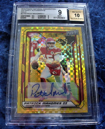 Patrick Mahomes National Convention VIP Party No. 2 Gold Checkerboard Prizm #1/5 "Jersey Number" Auto BGS Mint 9/10