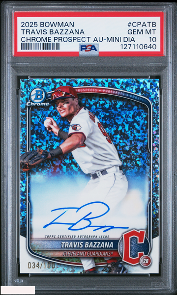 2025 BOWMAN CHROME PROSPECT AUTO TRAVIS BAZZANA MINI DIAMOND OF 100 PSA 10