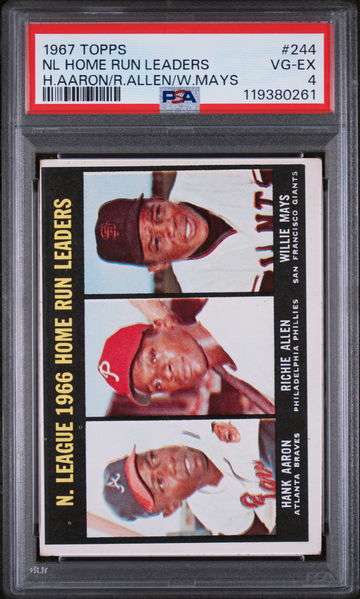 1967 Topps #244 Hank Aaron Richie Allen Willie Mays NL Home Run Leaders PSA 4