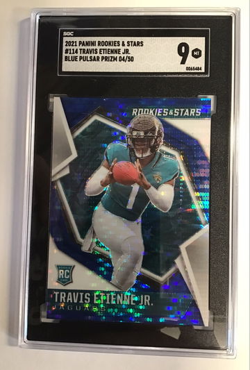 2021 Panini Rookies & Stars #114 Travis Etienne Jr. Blue Pulsar Prizm 04/50 SGC 9 MT