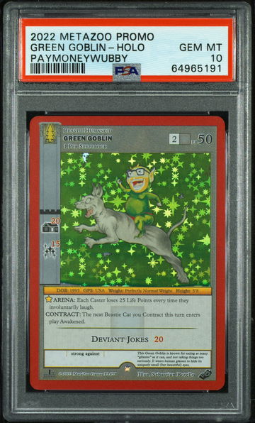 💎🤑 2022 Metazoo Promo GREEN GOBLIN 😈-FULL HOLO PAYMONEYWUBBY 💵🌲 PSA 10 🦁