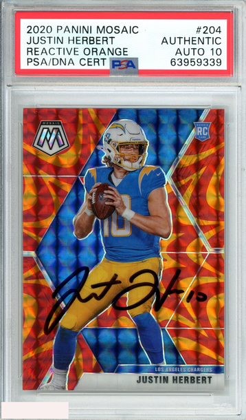 2020 PANINI MOSAIC JUSTIN HERBERT #204 REACTIVE ORANGE PSA AUTH AUTO GEM MT 10
