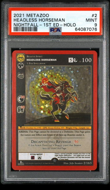 🐴💎 2021 Metazoo Nightfall 1st edition full holo HEADLESS HORSEMAN PSA 9 🔥🧨