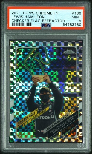 2021 TOPPS CHROME F1 FORMULA 1 LEWIS HAMILTON CHECKER FLAG REFRACTOR #139 PSA 9 MINT