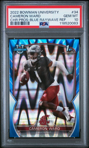 2022 BOWMAN UNIVERSITY CHROME CAMERON WARD BLUE RAYWAVE #34 RC PSA 10