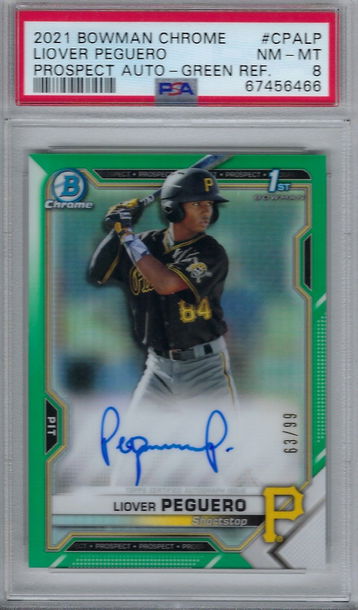 2021 BOWMAN CHROME PROSPECT AUTOGRAPHS LIOVER PEGUERO #CPALP PROSPECT AUTO-GREEN REF. PSA 8