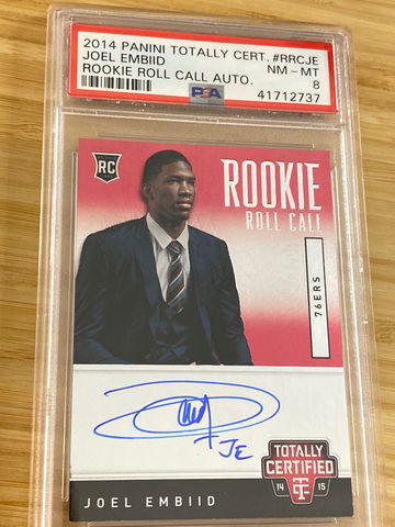 Joel Embiid 2014-15 Totally Certified Red Rookie Roll Call AUTO /249 PSA 8