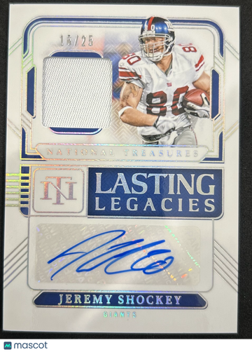 2025 Panini National Treasures Lasting Legacies Jeremy Shockey #LL-JSY /25 Autograph Jersey Patch
