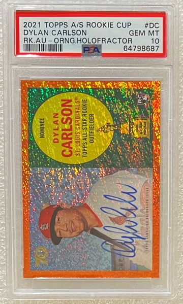 2021 Topps All-Star Rookie Cup Dylan Carlson RC #17/25 Rookie Autographs Orange Holofractor SSP PSA 10