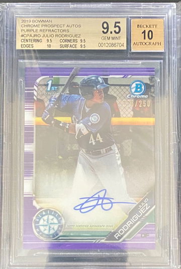 JULIO RODRIGUEZ 2019 BOWMAN CHROME AUTO  1ST RC PURPLE /250 BGS 9.5 TRUE GEM +