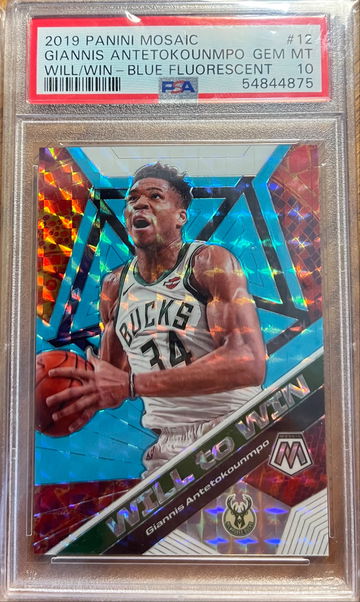 2019 Panini Mosaic Giannis Antetokounmpo Will to Win - Blue Flourescent /15  PSA 10