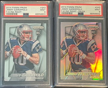 Jimmy Garoppolo 2 2014 prizm rc 1 facing right and 1 prizm silver variant 