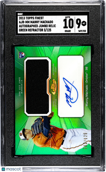 2013 Topps Finest Manny Machado #AJR-MM Autograph Jumbo Relic Green Refractor SGC 9 Auto 10